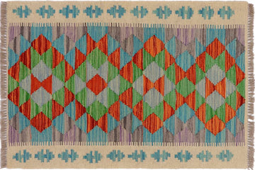 Flat Weave Kilim, Antique, Navaho, Vintage, Handmade, Geometric Kilim Beige Blue Hand-Woven Rectangle 100% Wool Area Rug 2 x 3